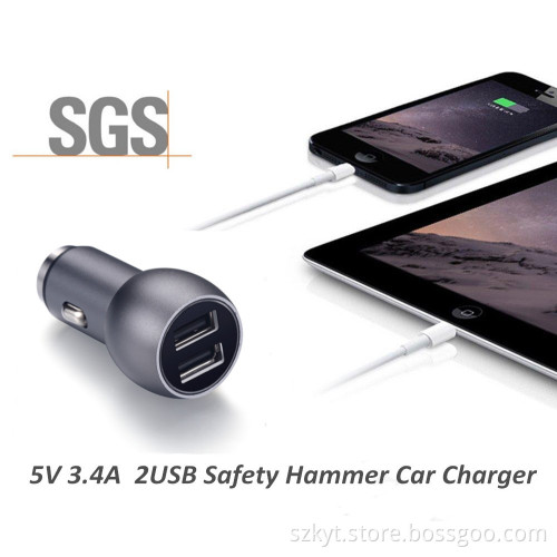 5V 3.4A car accessories dual usb car charger, Aluminum Safety Hammer Style Car Charger with SGS CE FCC ROHS
